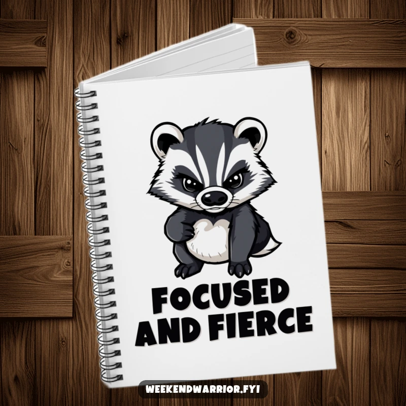 Funny notebook with a determined cartoon badger on the cover, perfect for note-taking and goal setting with personality.