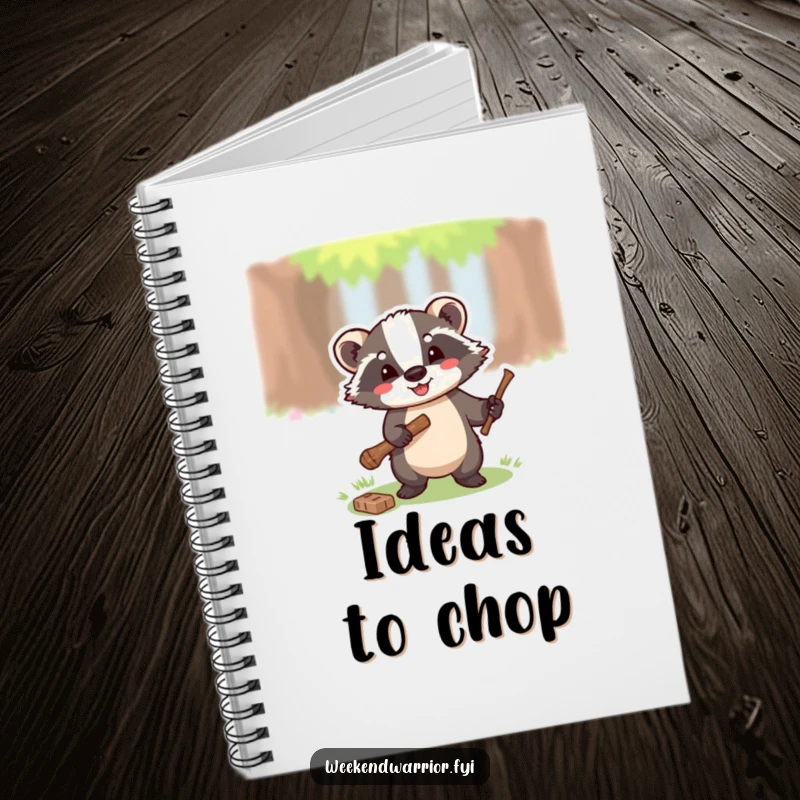 Funny notebook featuring a badger holding a small axe, ready to chop a twig, symbolizing getting things done.
