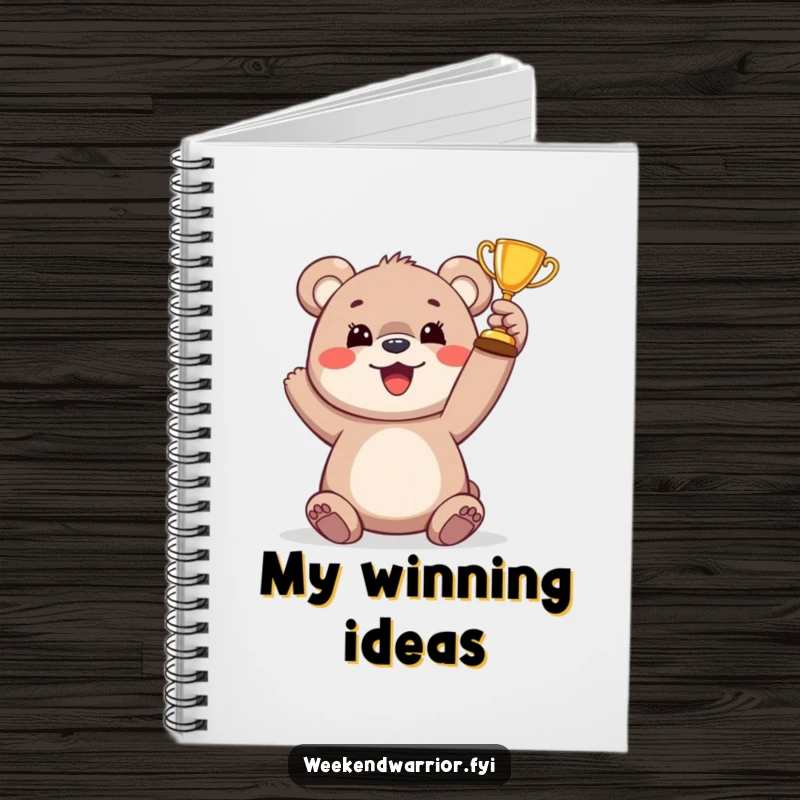 Funny bear cub trophy notebook with a cover showing a cub triumphantly holding a small trophy, perfect for jotting down achievements.