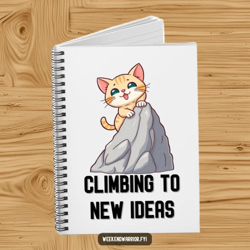 Funny notebook cover art of a brave cat enthusiastically climbing a small artificial mountain, perfect for notes.