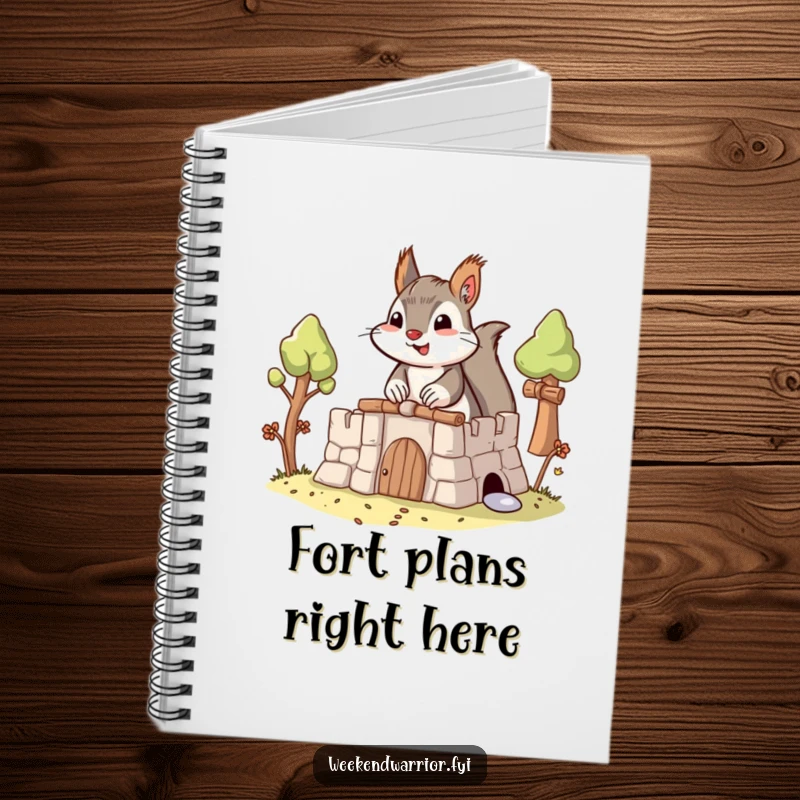 Funny Builder Squirrel Notebook featuring a determined squirrel building an elaborate fort, perfect for planning and note-taking.
