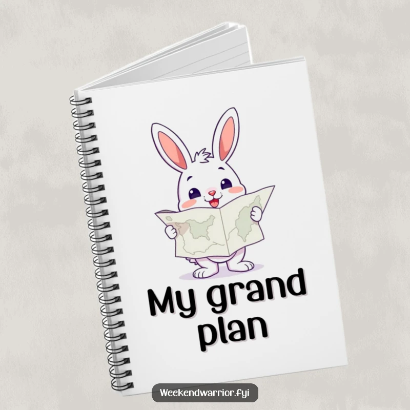 Funny Bunny Notebook holding a large map, looking resolute, perfect for notes and travel plans.