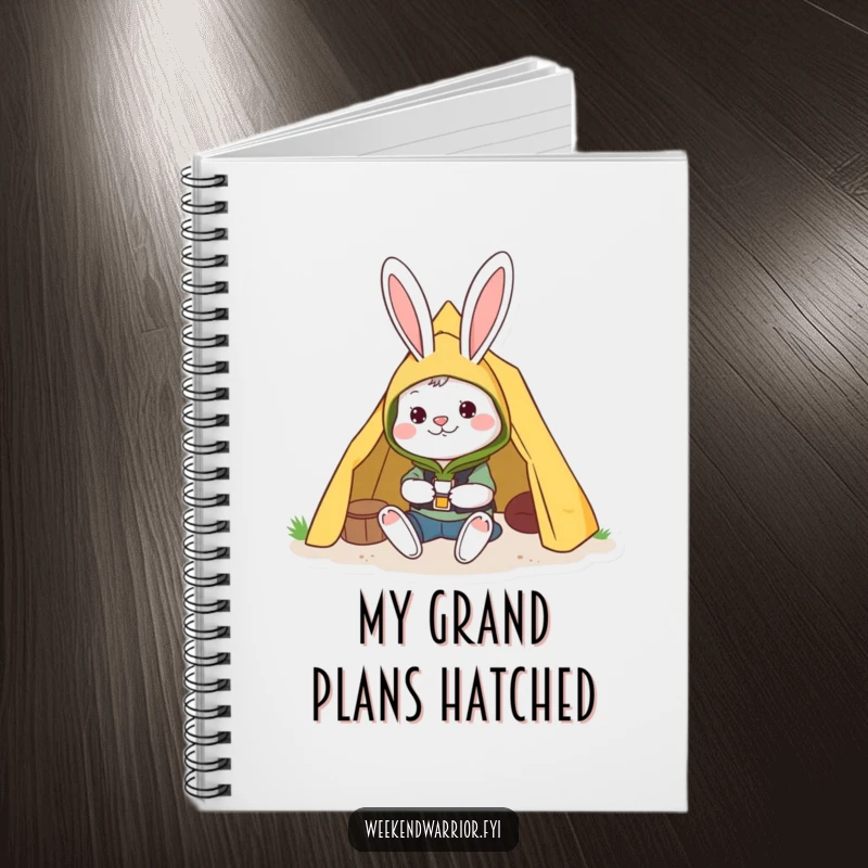 Funny notebook with a cheerful rabbit in camping gear setting up a tent, perfect for journaling adventures.