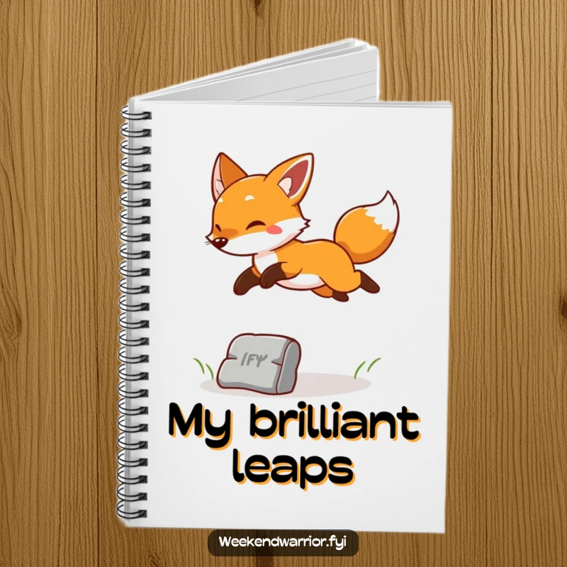 Funny notebook cover featuring a cheerful fox leaping playfully, encouraging energetic note-taking and creative doodles.