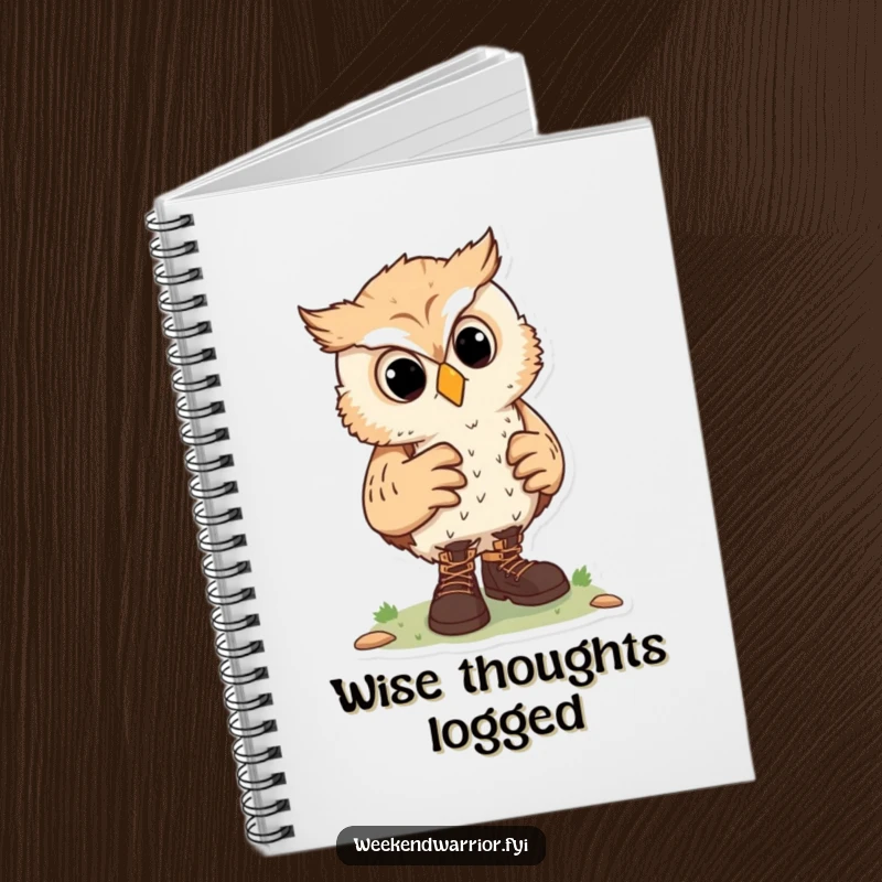 Funny notebook with a curious owl character adjusting hiking boots, perfect for planning adventures and jotting down thoughts.