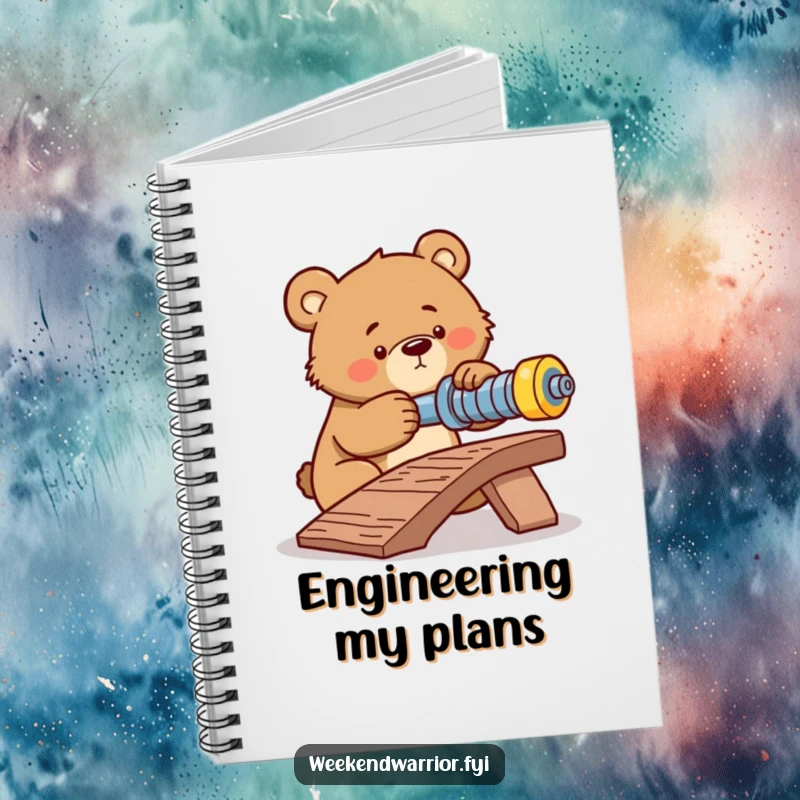 Funny notebook cover featuring a determined bear tightening a bolt on a ramp, encouraging focused planning and note-taking.