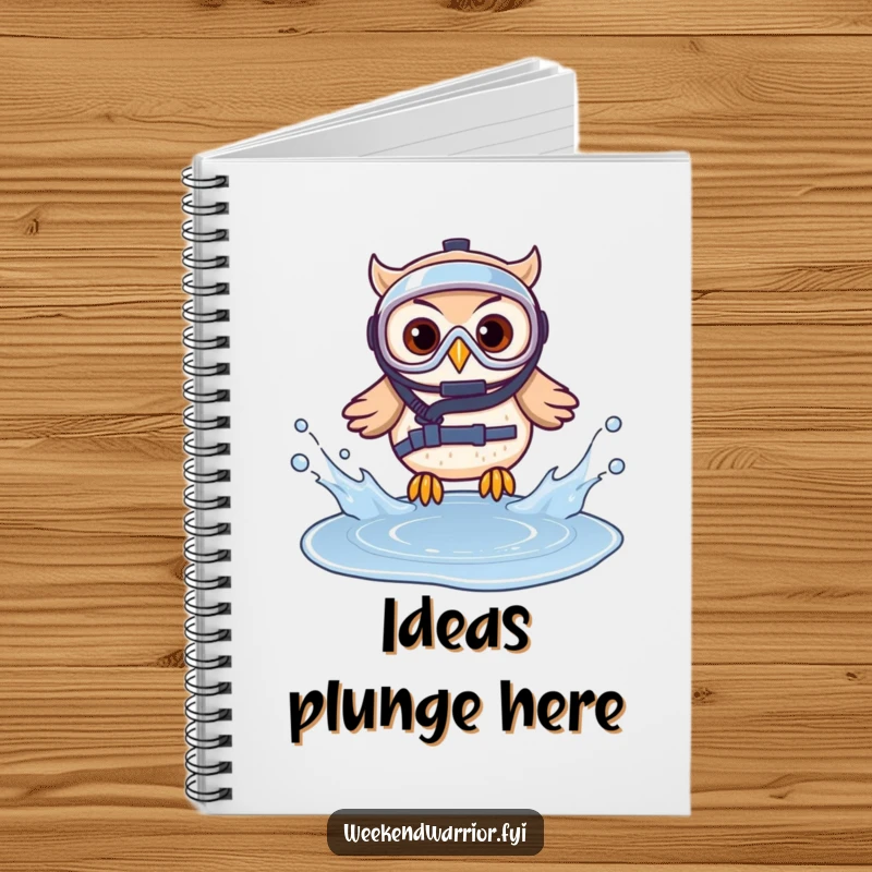 Funny notebook featuring a brave owl in diving gear splashing into a puddle, ideal for journaling adventures.
