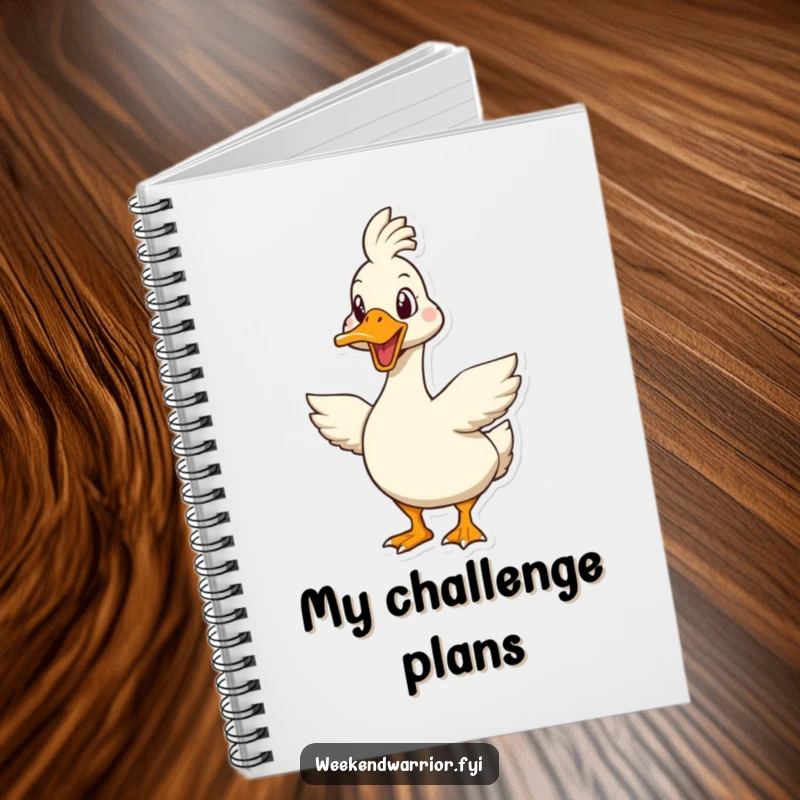 Funny goose notebook featuring an enthusiastic goose character geared up for a tough challenge, ideal for writing and planning.