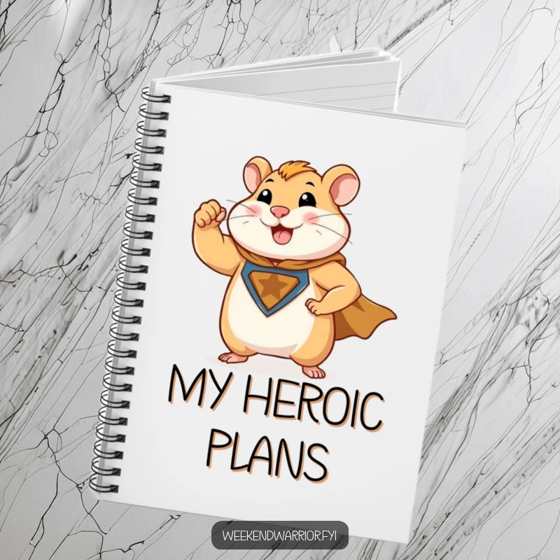 Funny notebook featuring a muscular hamster character flexing its bicep and wearing a superhero cape, perfect for planning.