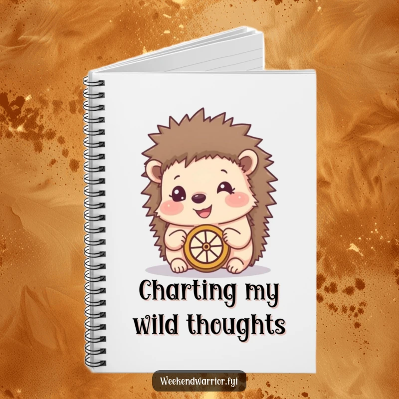 Funny notebook with a happy hedgehog using a makeshift compass, designed for jotting down notes with a whimsical and adventure-themed design.