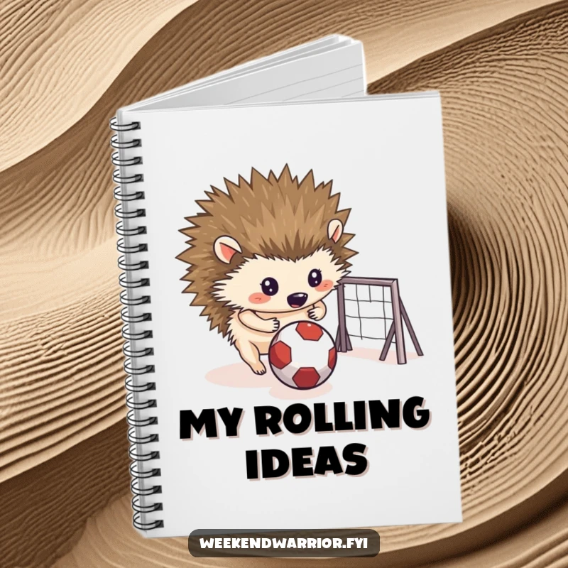 Funny notebook cover with a determined hedgehog rolling a small ball towards a makeshift goal, inspiring strategic thoughts.