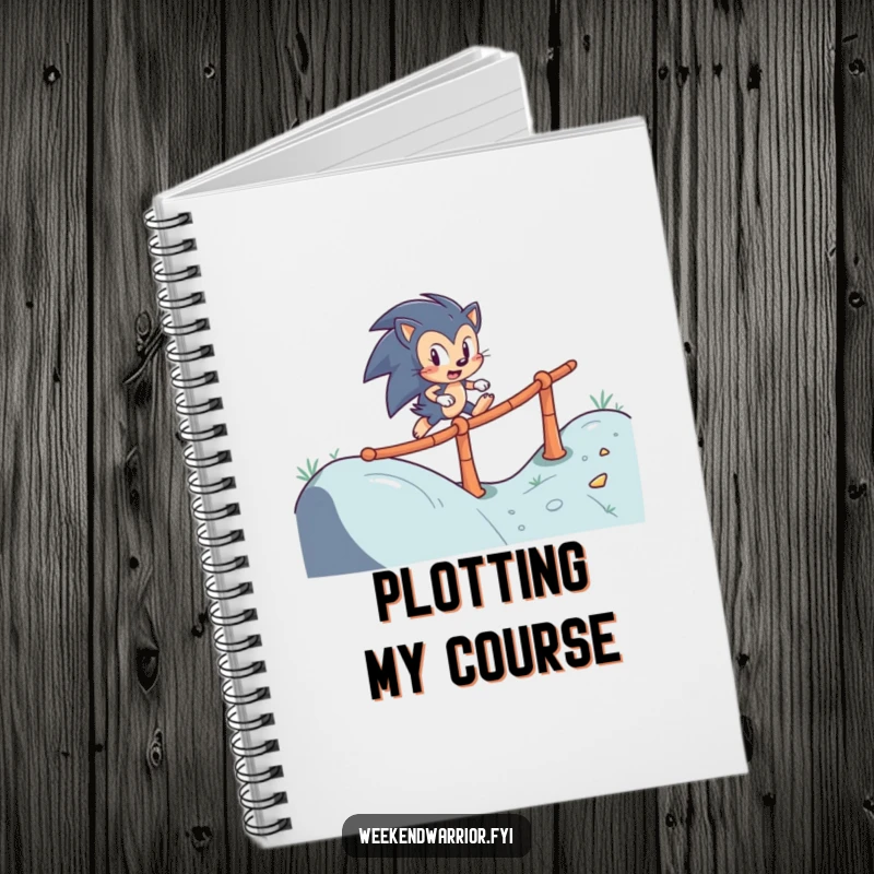 Funny notebook with a determined hedgehog character skillfully navigating a winding obstacle course, ideal for journaling and planning.