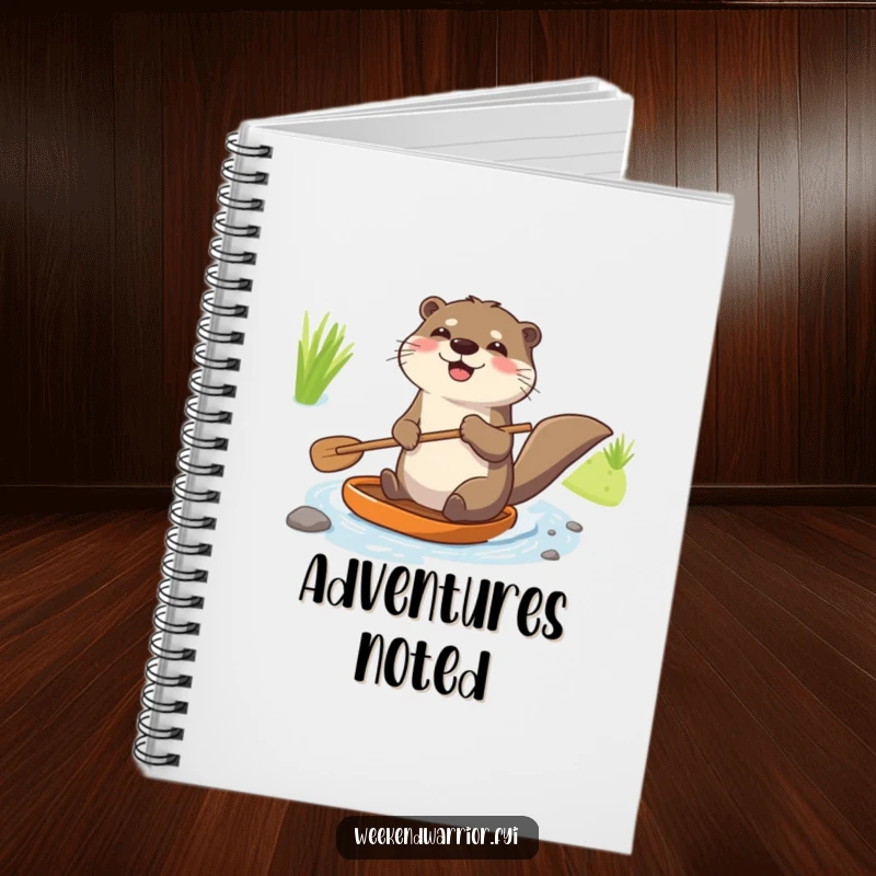 Funny notebook featuring a joyful otter with a paddle enthusiastically navigating a tiny stream, ideal for adventures and notes.