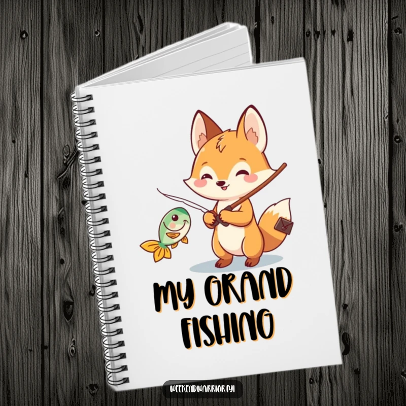 Funny Kawaii fox notebook with a cheerful fishing character reeling in a fish, perfect for jotting down notes and stories.