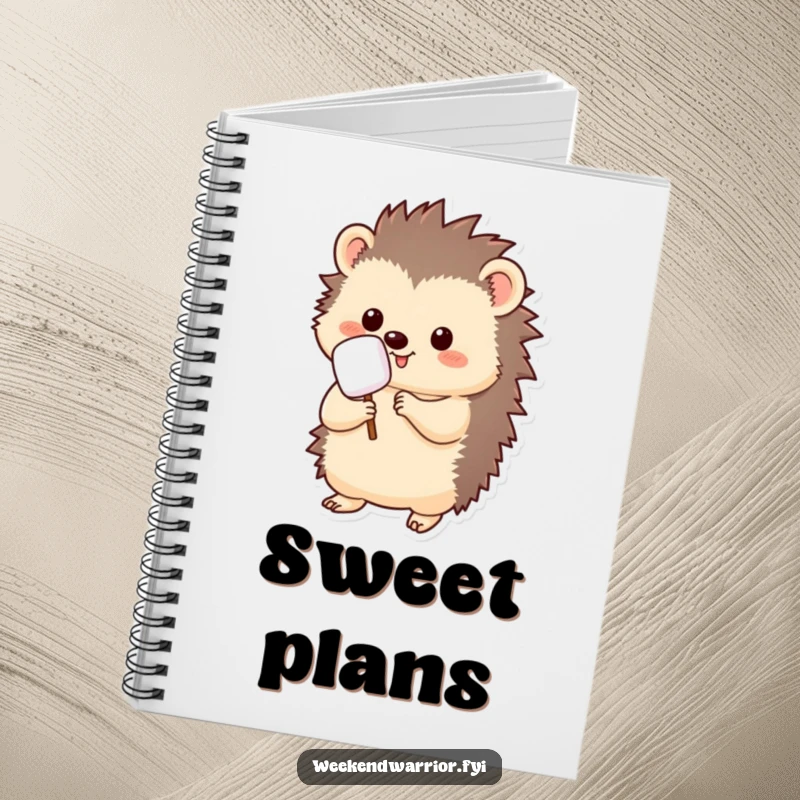 Funny kawaii hedgehog notebook, holding a marshmallow on a stick, ready to roast, for writing and doodling.