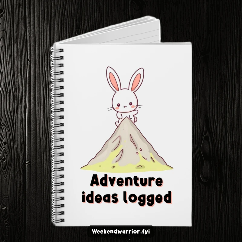 Funny Kawaii rabbit notebook with a happy hiking character reaching a mountain peak, perfect for jotting down adventure notes.