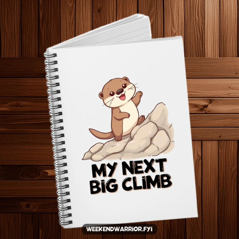 Funny notebook with a happy otter reaching the summit of a rocky climb, ready to record adventures.