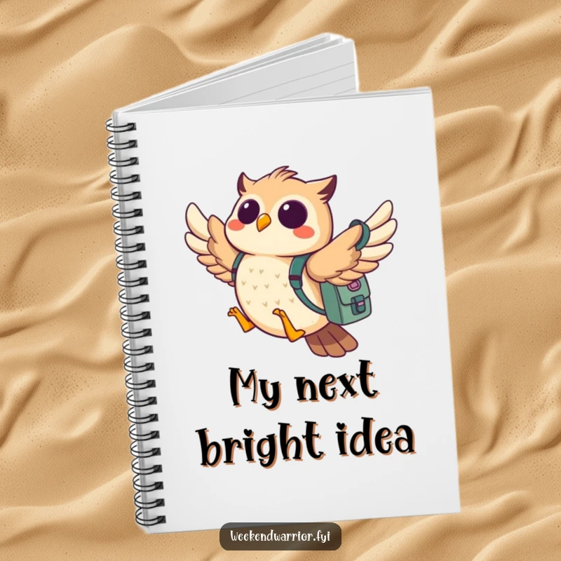 Funny owl notebook cover with a cheerful owl flying with a backpack, symbolizing adventure and note-taking.