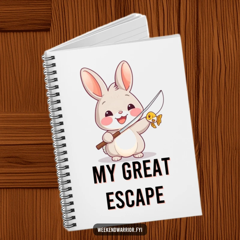 Funny notebook with a rabbit holding a fishing rod and a tiny fish, perfect for jotting down fishing adventures and ideas.