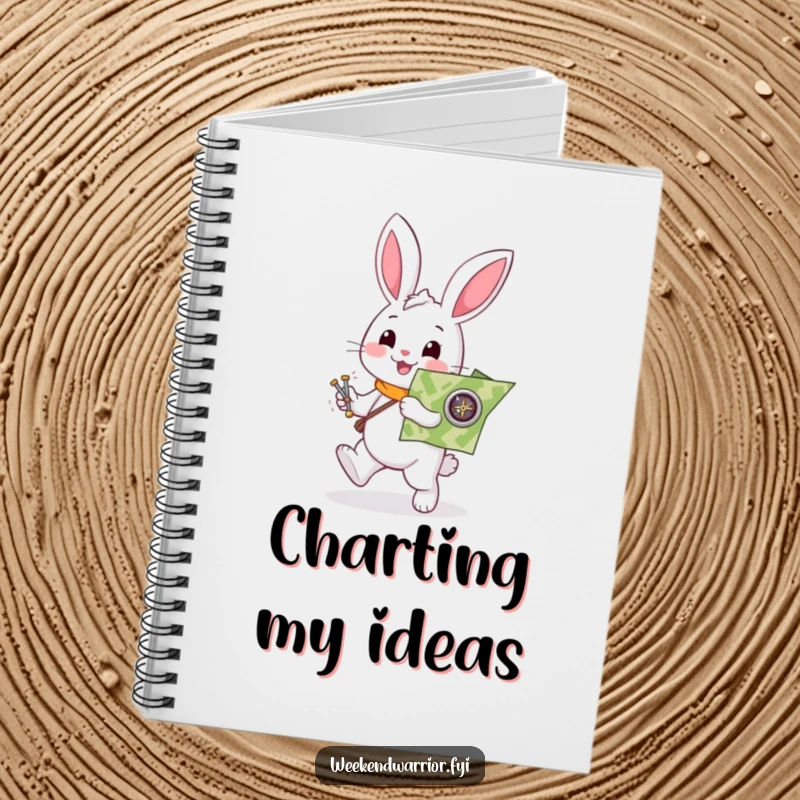 Funny rabbit notebook with a helpful white character enthusiastically holding a map and compass, for writing humorous adventure plans.