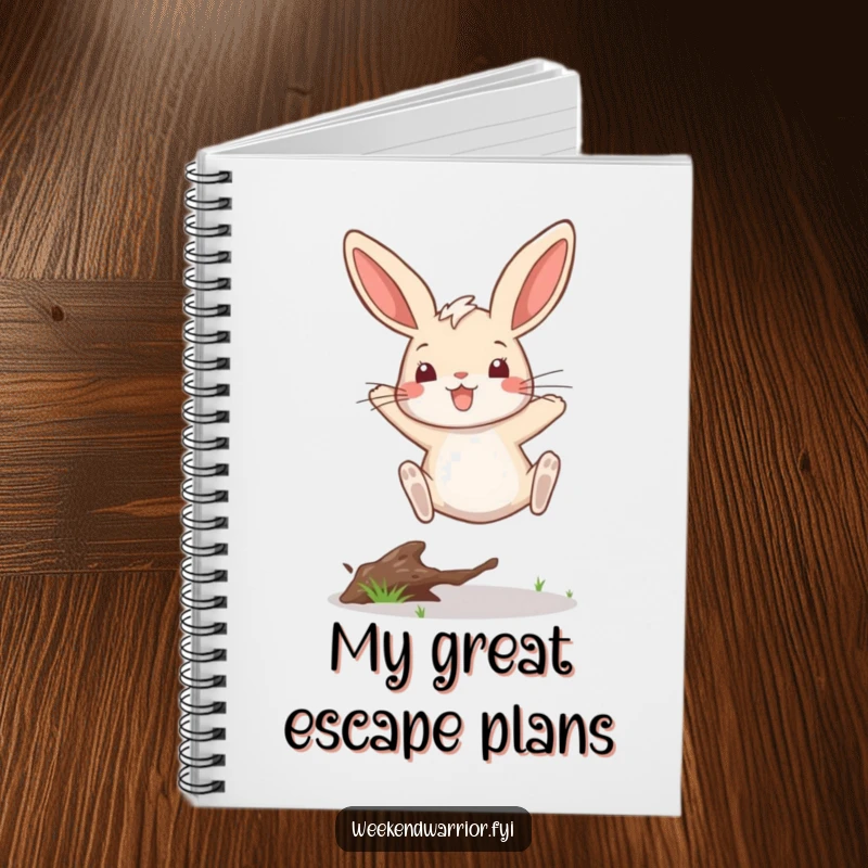 Funny notebook cover with a dynamic rabbit leaping victoriously over a twig, inspiring playful thoughts and ideas.