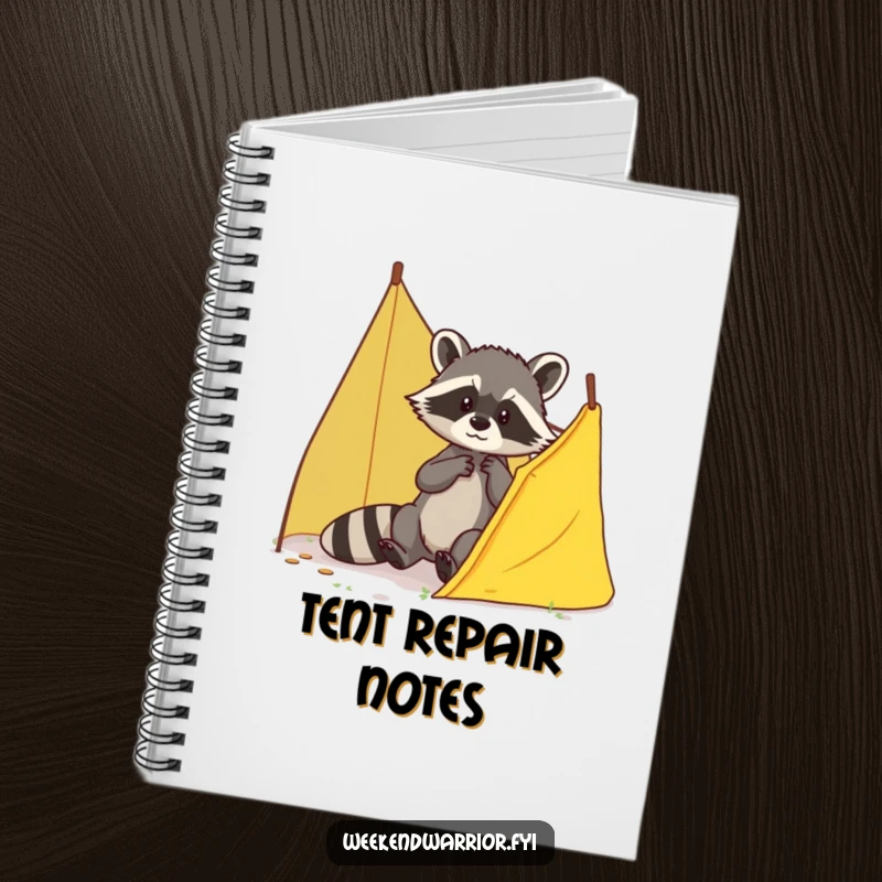 Funny Raccoon Notebook featuring a brave raccoon patching a small tent tear, perfect for journaling and planning.