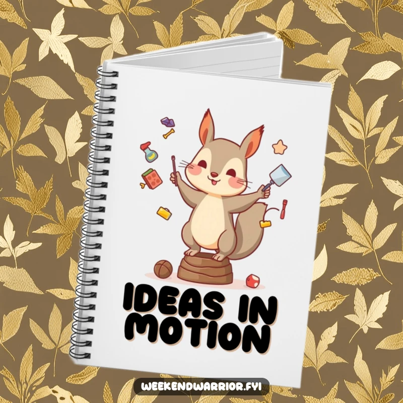 Funny notebook featuring a busy squirrel juggling various items, perfect for jotting down brilliant ideas.