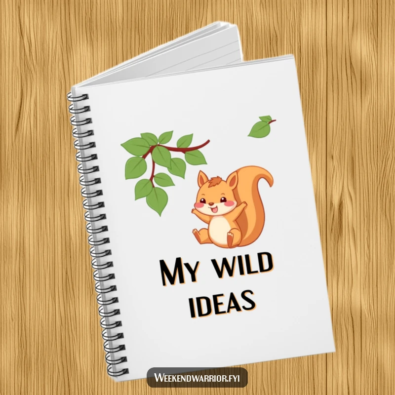Funny Squirrel Notebook with a squirrel swinging from a vine with a grin, perfect for notes.
