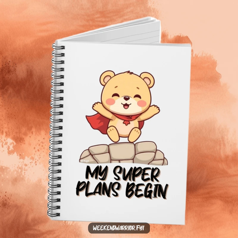 Funny Superhero Bear Cub Notebook, a bear cub in a cape leaping on the cover, great for kids' notes and drawings.