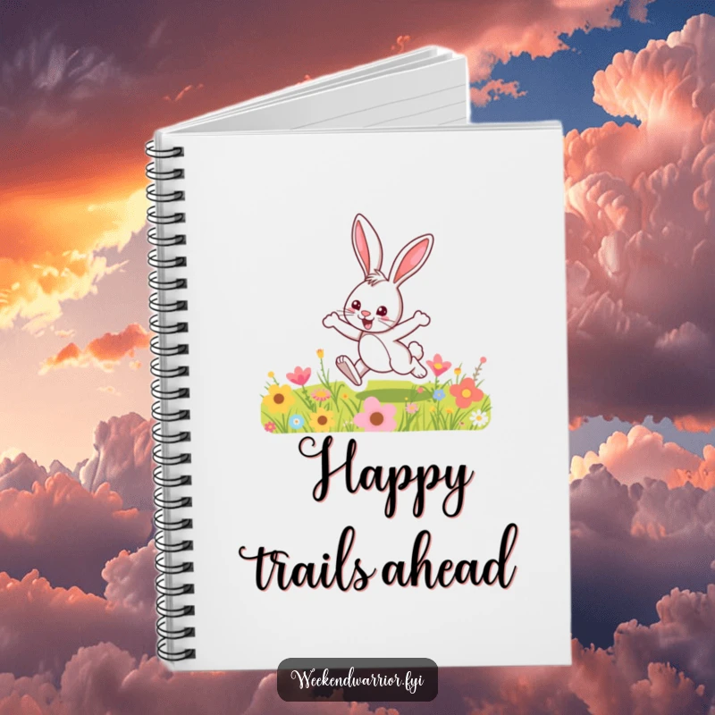 Funny notebook with a fun cartoon bunny hopping over a colorful meadow, perfect for notes, plans, and happy thoughts.