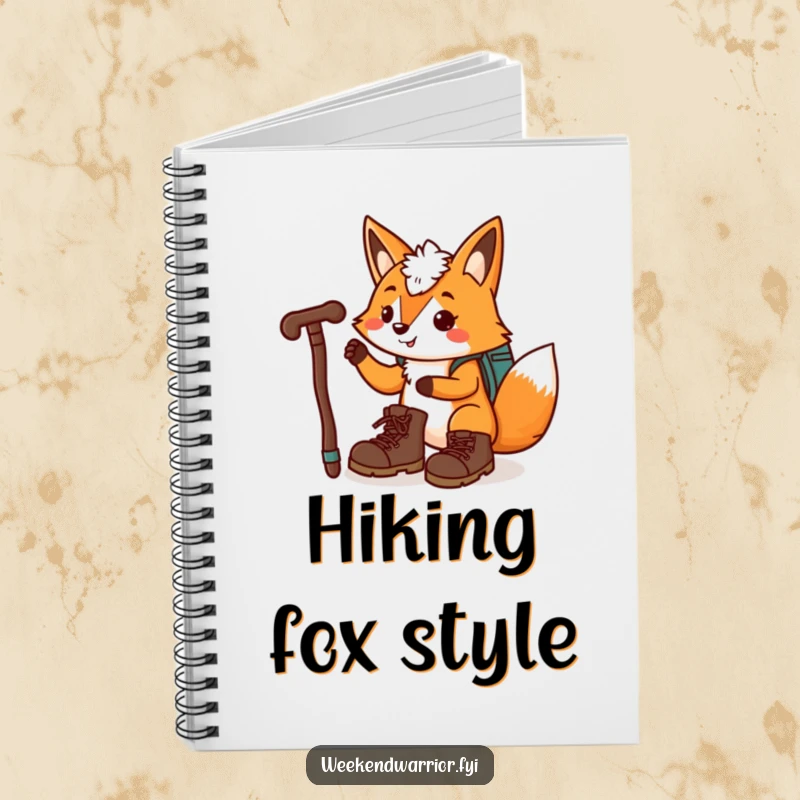 Funny, playful fox with hiking boots and a walking stick on a notebook cover.