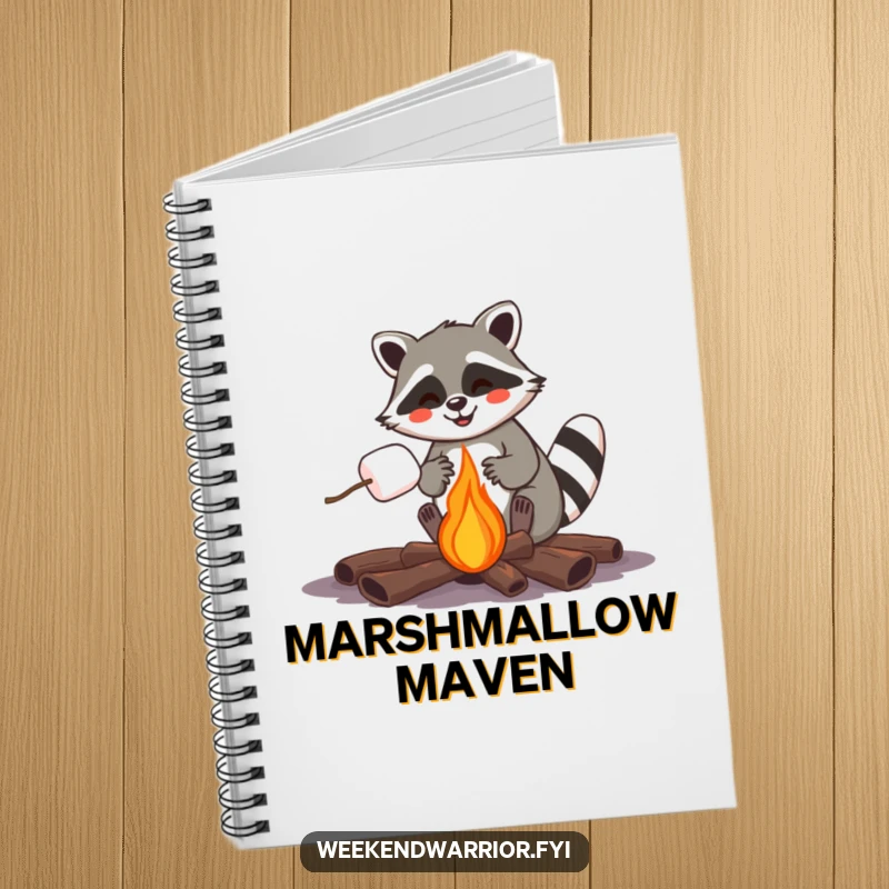Funny raccoon roasting a marshmallow over a campfire, a humorous notebook for campfire stories.