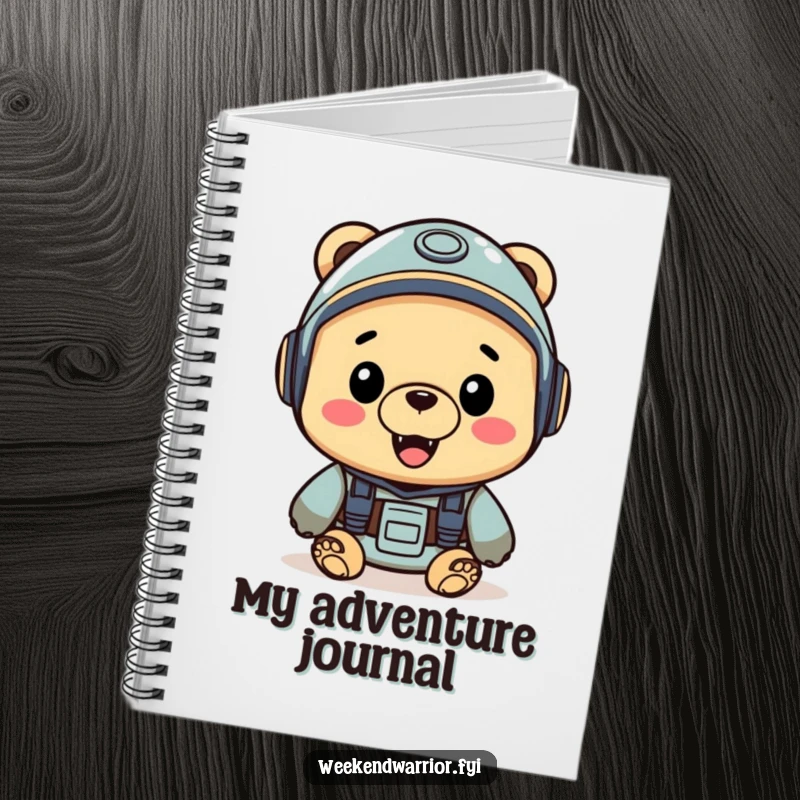 Funny notebook cover featuring a cheerful bear wearing a helmet, looking geared up and ready for exploration.