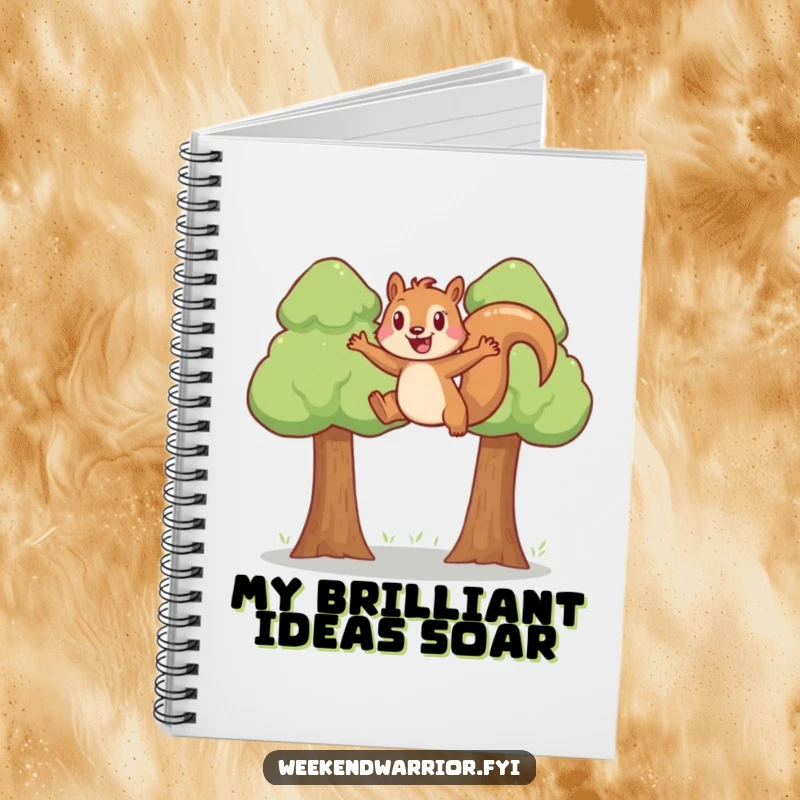 Funny joyful squirrel leaping between two trees on a humorous notebook cover.