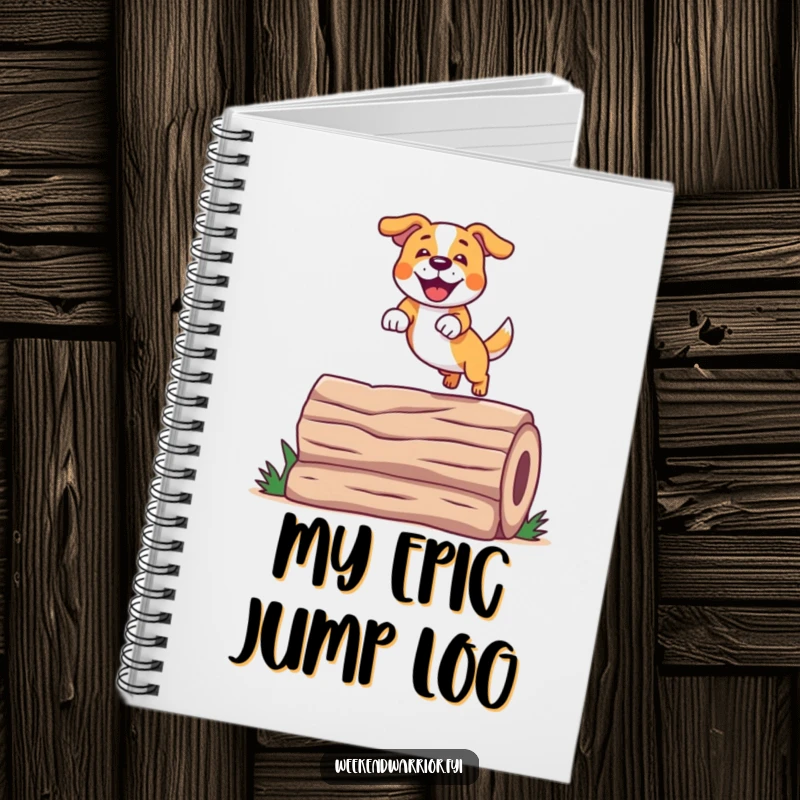 Funny Jumping Dog Notebook featuring a cheerful dog performing a spectacular jump over a log, perfect for journaling.
