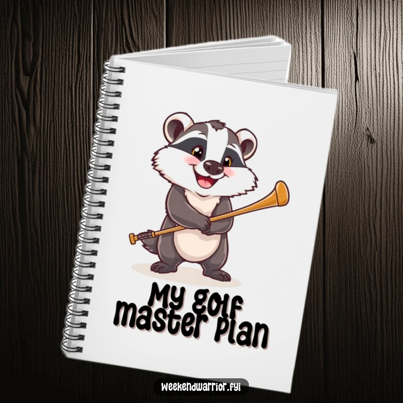 Funny notebook cover featuring a happy badger with a determined grin, swinging a golf club, ideal for game plans.