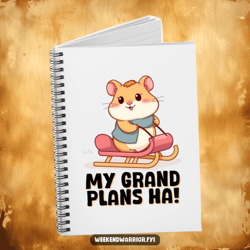 Funny hamster notebook cover showing a proud hamster pushing a sled up a hill, symbolizing ambition and effort.