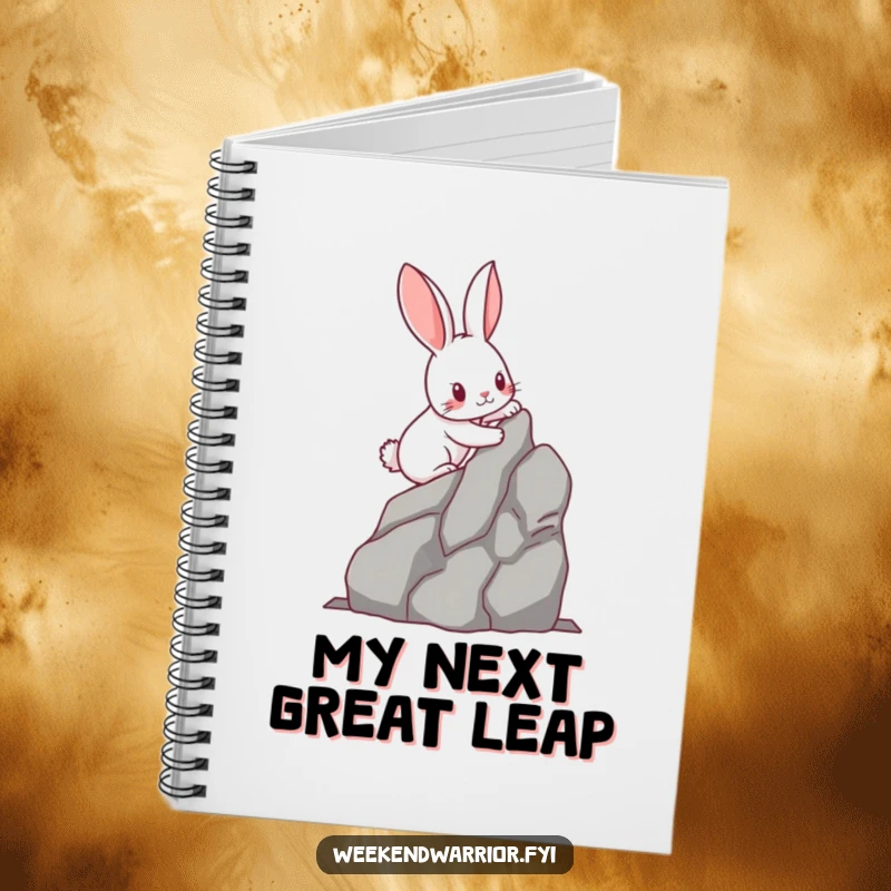 Funny kawaii rabbit with determined paws scaling a miniature rock face, on the cover of a lined notebook. Ideal for planning adventures.
