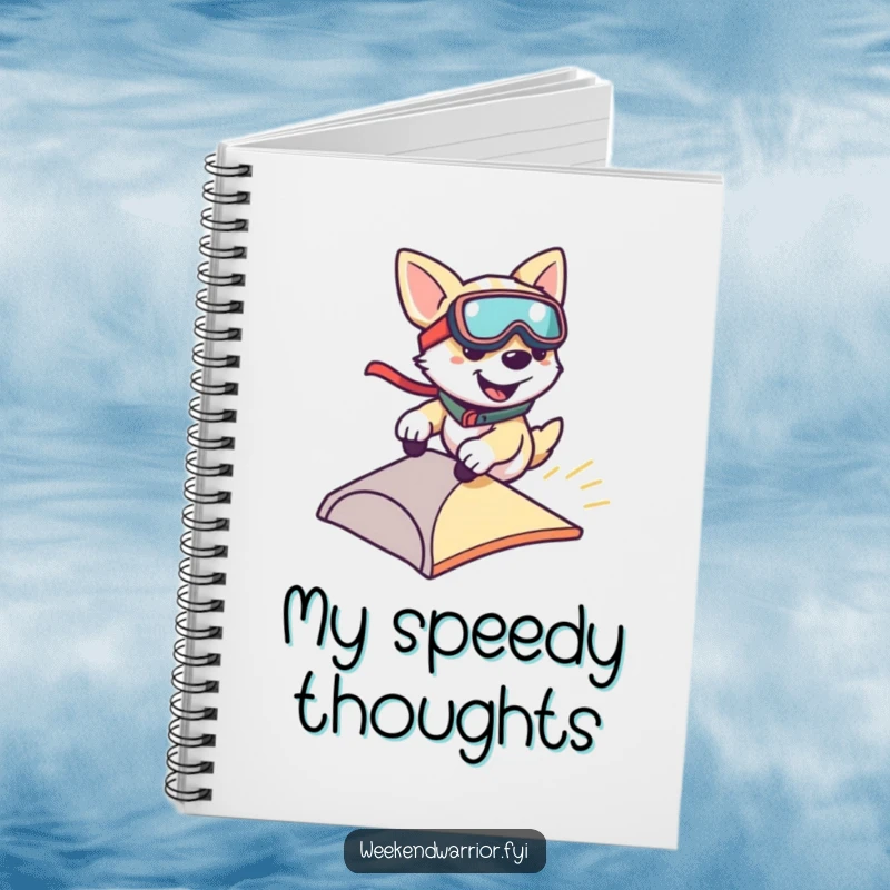Funny notebook cover with a smiling dog wearing goggles, zipping down a small ramp, inspiring quick and creative thoughts.