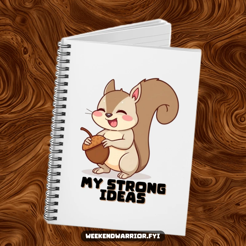 Funny squirrel muscle notebook with a cover depicting a giggling squirrel flexing its arm muscles after lifting an acorn, perfect for note-taking.