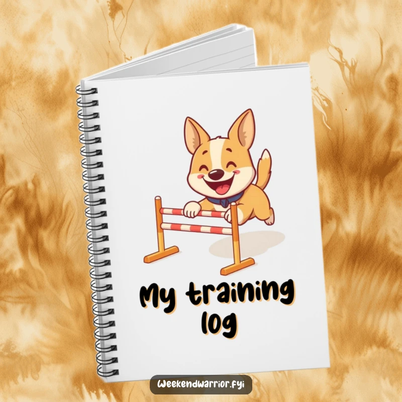 Funny notebook: A happy dog energetically bounding over obstacles, inspiring productivity and canine focus.