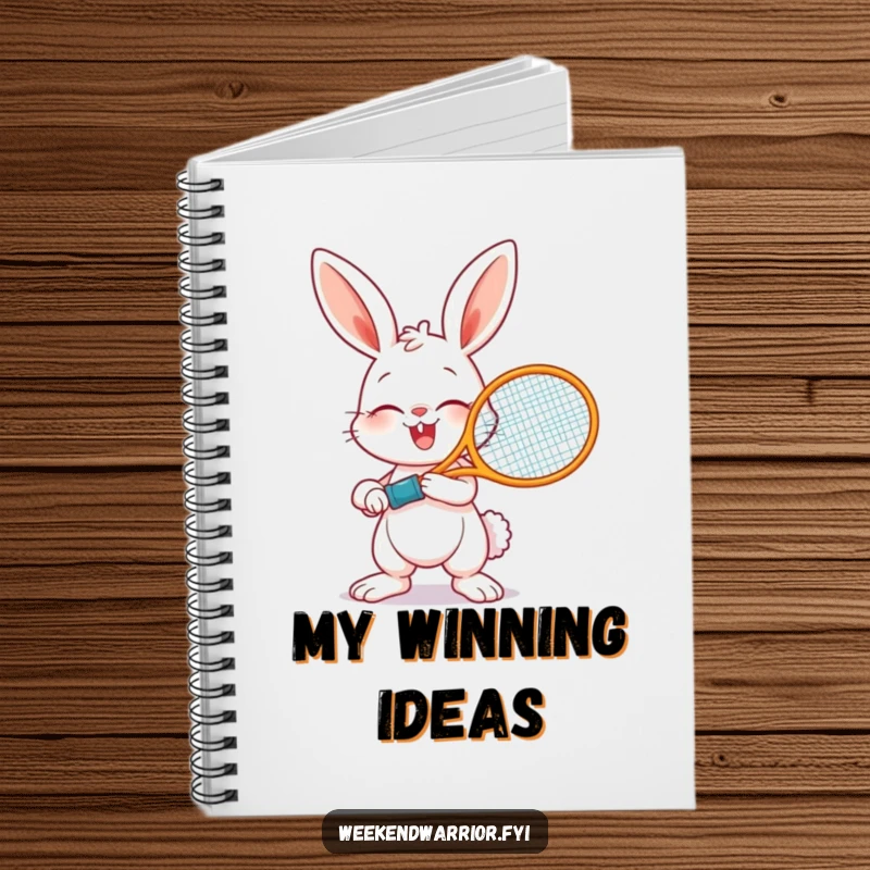 Funny notebook featuring a bunny holding a tennis racket, ready to swing, designed for capturing notes with sporty humor.