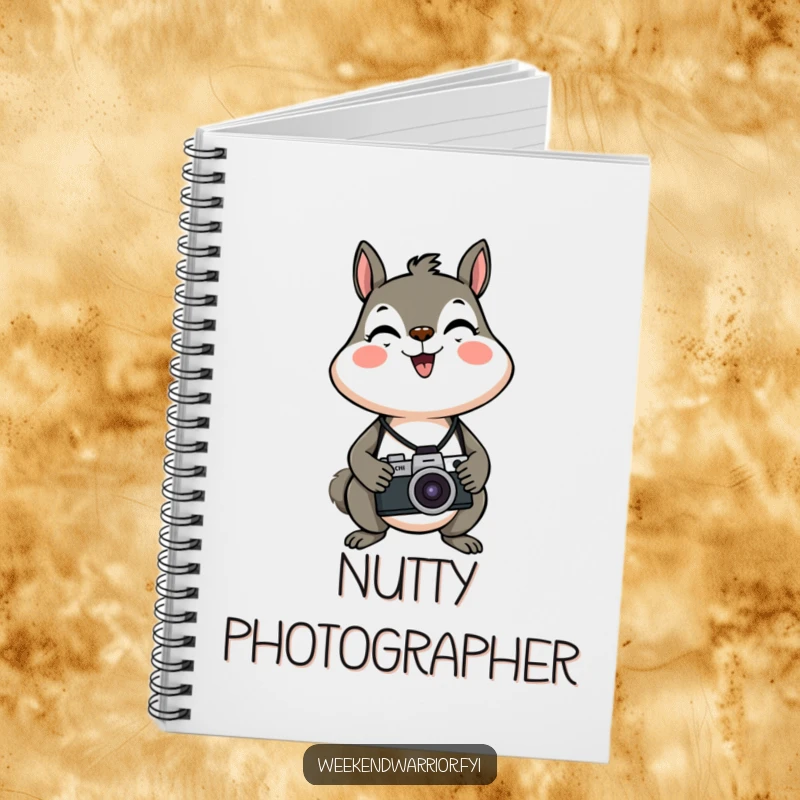 Funny, energetic squirrel with a camera around its neck on a notebook cover.