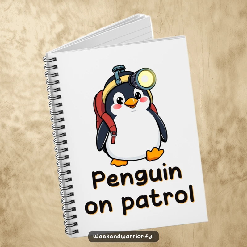 Funny notebook with a goofy penguin wearing a backpack and headlamp, perfect for jotting down expedition ideas and notes.