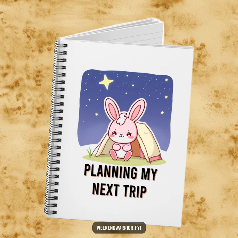 Funny bunny notebook with a cheerful pink character smiling while setting up a tent under a starry night sky, for writing humorous adventures.