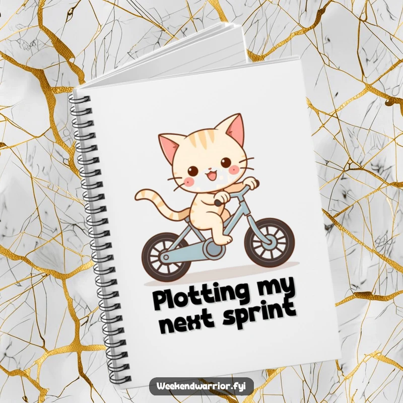 Funny Kawaii cat character riding a bike with great speed on a notebook cover, symbolizing fast thoughts.