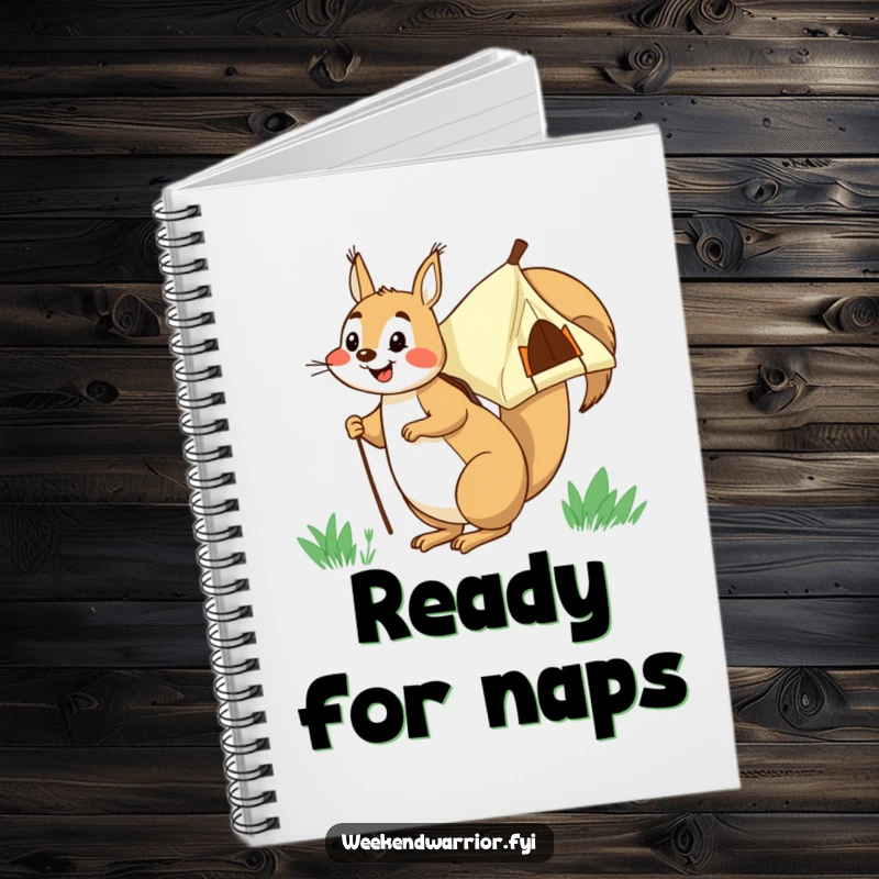 Funny squirrel carrying its tent on its back, a humorous notebook for camping plans.