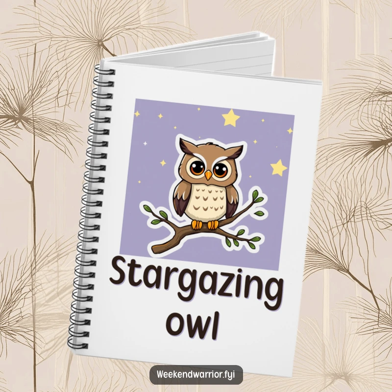 Funny notebook with a curious cartoon owl on a starry night background, ideal for journaling and creative writing.