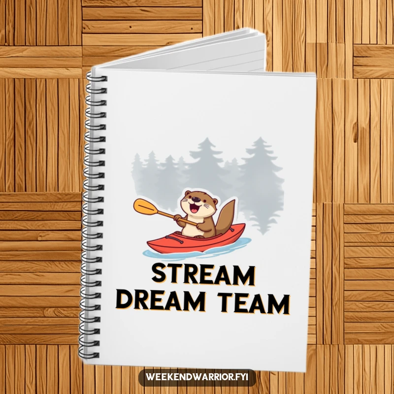 Funny otter in a kayak with a paddle, expressing excitement, a humorous notebook for water notes.