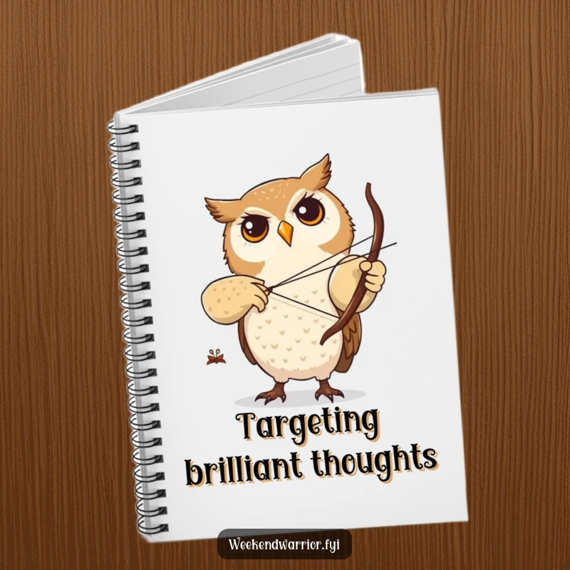 Funny notebook with a focused owl character practicing archery with a twig bow, ideal for note-taking and planning.